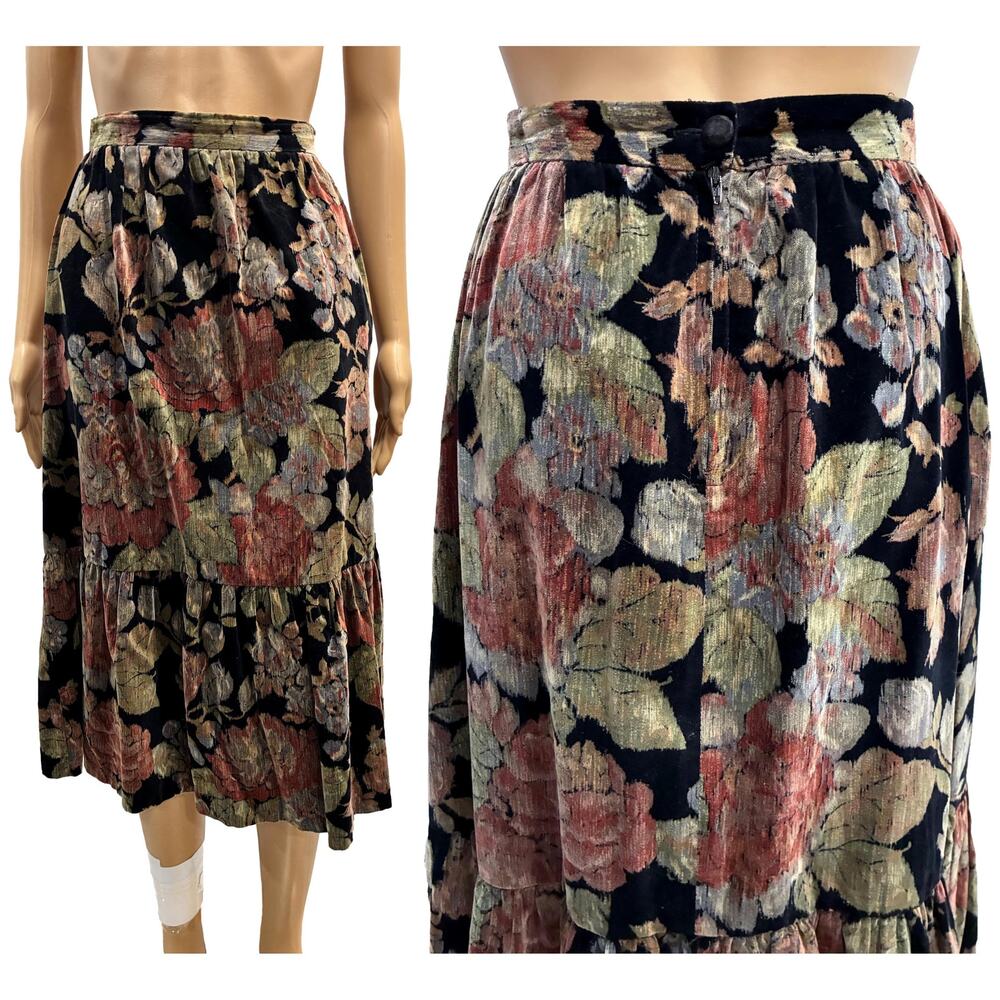 70s Strawberry Plant Velvet Floral Skirt Dorothy Schoelen Midi Ruffle Hem XS - Picture 5 of 8